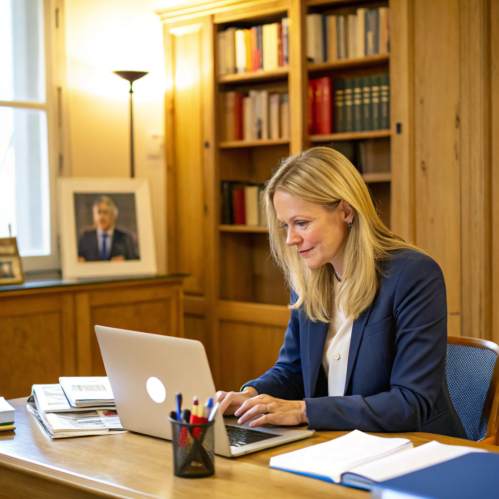 top psychic in liverpool are just a short search away on your laptop. This is a blonde woman in a suit jacket and vest top smiling looking at her laptop in her office with books behind her